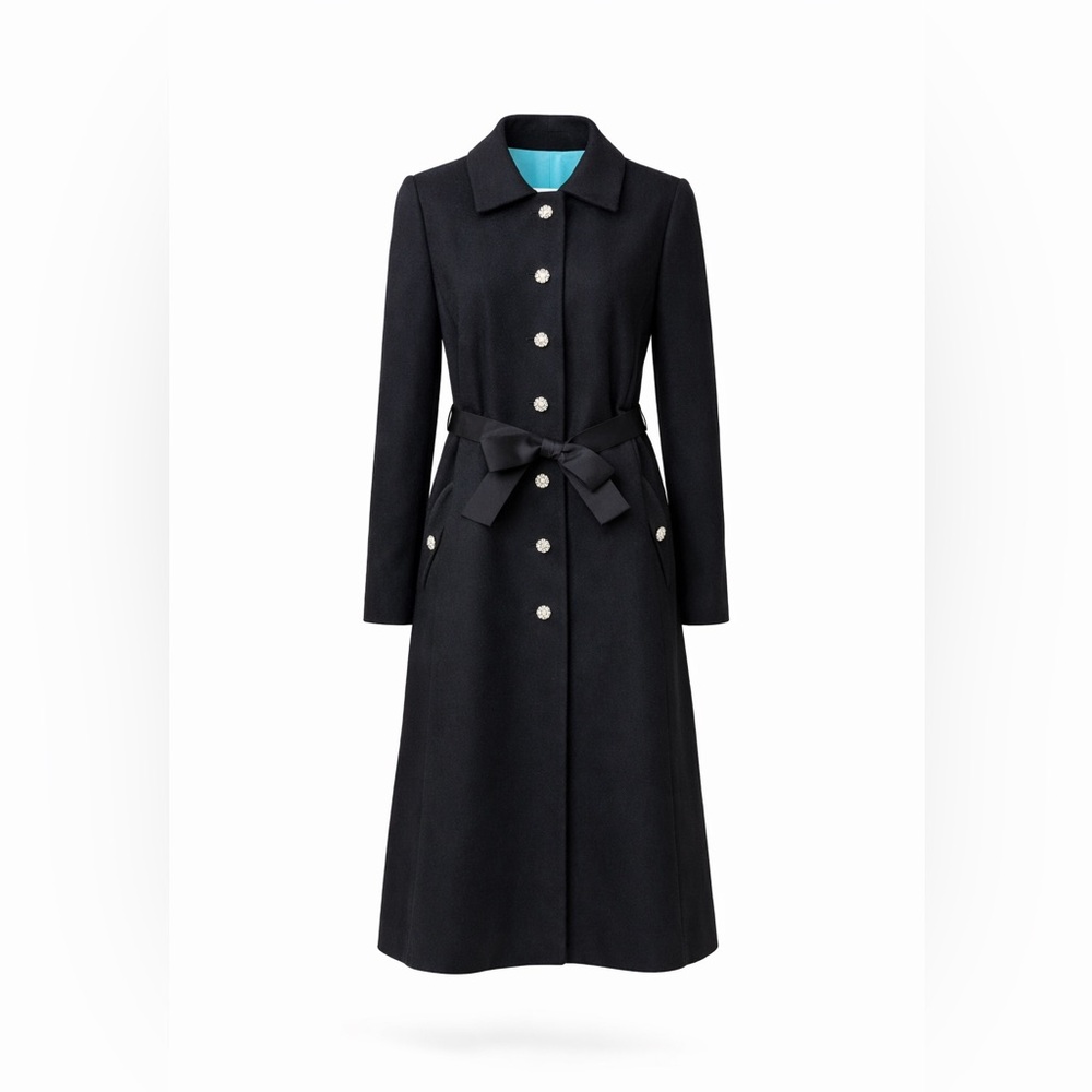 Vintage Louis Feraud Black Wool Belted Coat Jeweled Buttons 4/6